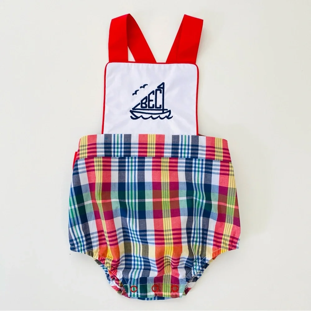 The Beaufort Bonnet Company Plaid Sunsuit Sayre Montpelier Sailboat 6-12 Months